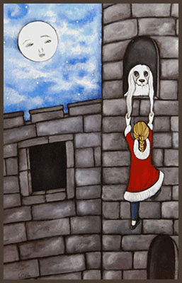 Acrylic Painting by Lizzie of a girl rescuing a dog from a castle