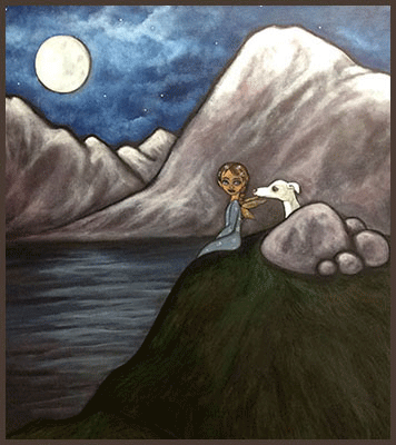 Acrylic Painting by Lizzie of a fairy sitting with her dog on a cliff overlooking the see