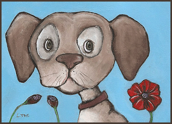 Acrylic Painting by Lizzie of a puppy and a poppy flower