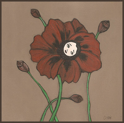 Acrylic Painting by Lizzie of a red poppy flower with a girls face in the center