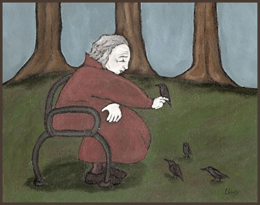 Acrylic Painting by Lizzie of an old lady sitting on a park bench taking care of birds