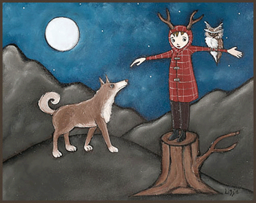 Acrylic Painting by Lizzie of a girl standing on a tree stump holding an owl and her dog watching
