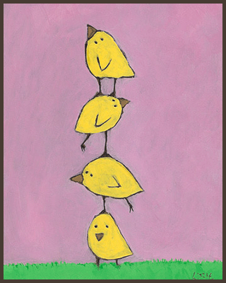 Painting by Lizzie of yellow chicks standing on top of each other.