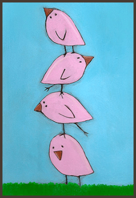 Painting by Lizzie of pink chicks standingon top of each other.