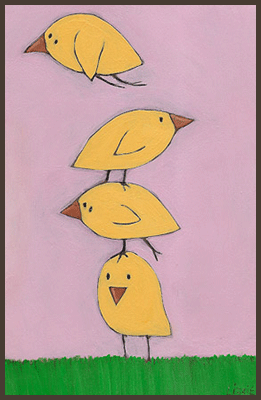 Painting by Lizzie of yellow chicks standing on top of each other and one is flying away.