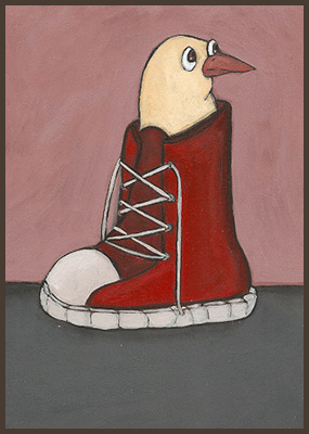 Painting by Lizzie of a chick sitting in a boot.