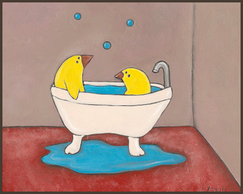 Painting by Lizzie of chicks sitting in a bath.