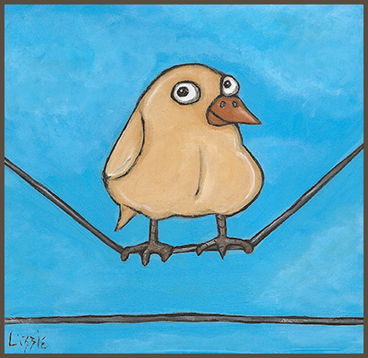 Painting by Lizzie of a chick sitting on a wire.
