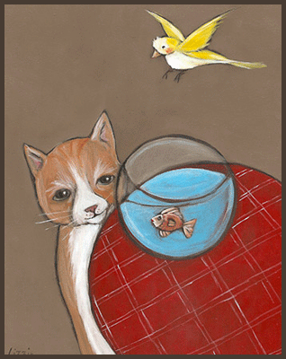Painting by Lizzie of a cat looking a goldfish. Small yellow bird flying above.