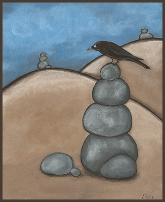 Painting by Lizzie of a crow sitting on a pile of rocks.