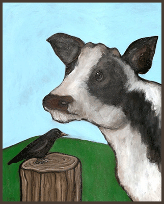 Painting by Lizzie of a cow and a crow.