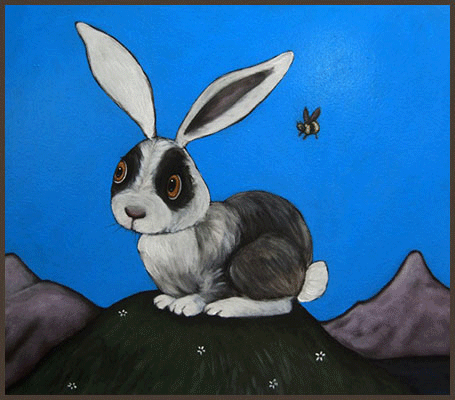 Painting by Lizzie of a rabbit and a bee.