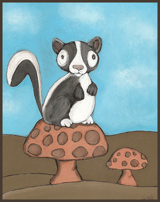 Painting by Lizzie of a skunk on top of a mushroom.