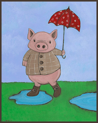 Painting by Lizzie of a pig outside in a puddle holding an umbrella.