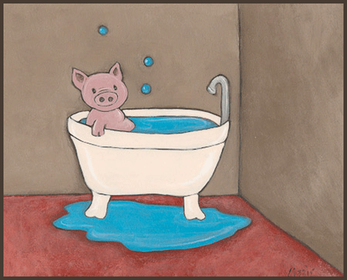 Painting by Lizzie of a pig taking a bath.
