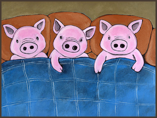 Painting by Lizzie of 3 pigs wrapped in a blanket.