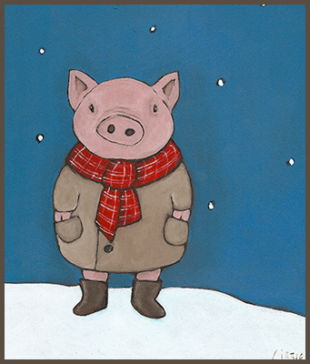 Painting by Lizzie of a well dressed pig and his red scarf.