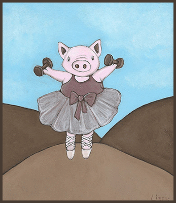 Painting by Lizzie of a pig wearing a tutu.