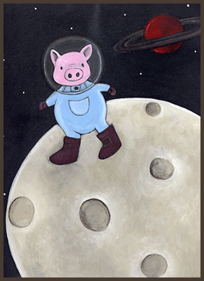 Painting by Lizzie of a pig astronaut.