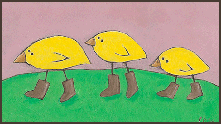 Painting by Lizzie 3 yellow chicks walking in a row and wearing boots