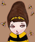 Painted girl with a bee shirt and with bees flying