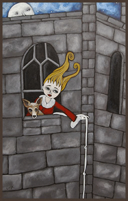 Painting by Lizzie of a girl inside a castle with her dog.