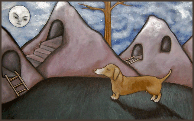 Painting by Lizzie of a dog trapped standing out castle caves. The full moon is out overlooking the dog.
