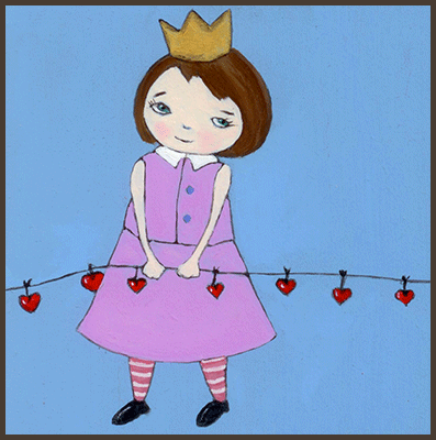 Painting by Lizzie of a girl wearing her crown. She is holding a string of hearts.