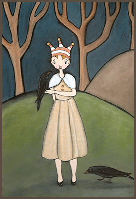Painting by Lizzie of a girl wearing her crown. She has two crows near her.