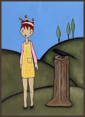 Painting by Lizzie of a girl wearing her crown. She is standing next to a tree trunk with a crow sitting on the trunk.