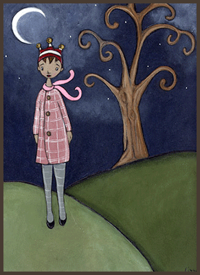 Painting by Lizzie of a girl wearing her crown. She is outside at night next to a tree.