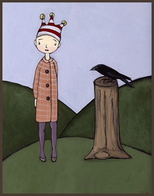 Painting by Lizzie of a girl wearing her crown. A crow is sitting on a tree trunk next to her.
