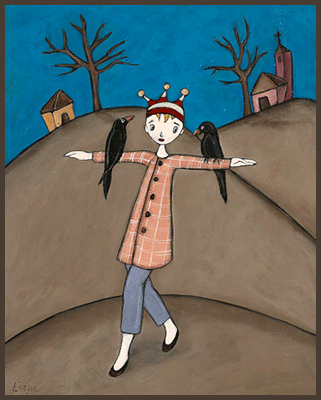Painting by Lizzie of a girl wearing her crown. She is balancing two crows on her arms.