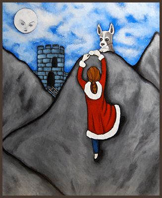Acrylic Painting by Lizzie of an fairy sitting on cliff overlooking the sea with her white dog.