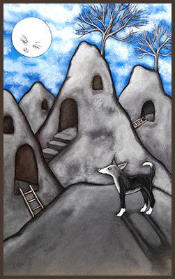 Painting by Lizzie of a dog outside castle caves.