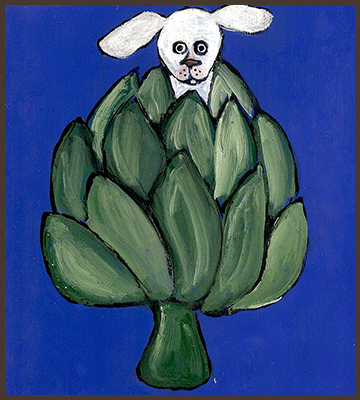 Painting by Lizzie of a dog popping out of an artichoke.