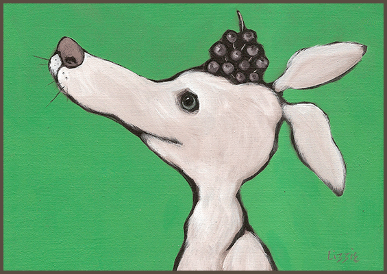 Painting by Lizzie of a dog with a bunch of grapes on his head.