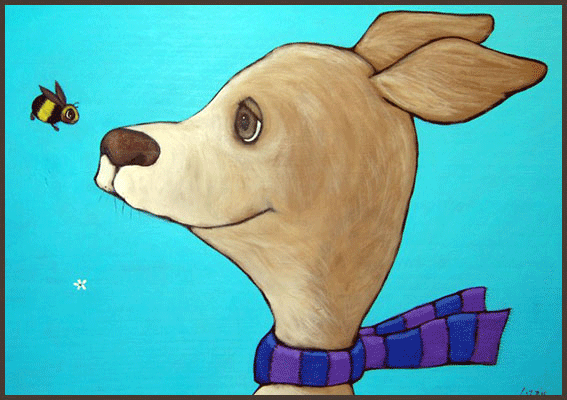 Painting by Lizzie of a dog with a purple scarf looking at a bee.