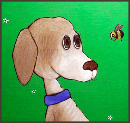 Painting by Lizzie of a dog with a blue color and a bee.