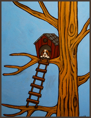 Painting by Lizzie of a dog sitting inside a tree fort.