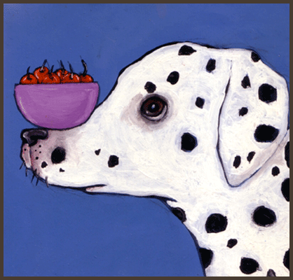 Painting by Lizzie of a dog with a bowl of cherries on his nose.