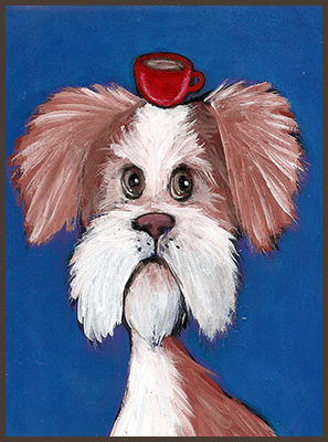 Painting by Lizzie of a dog with a coffee cup on his head.