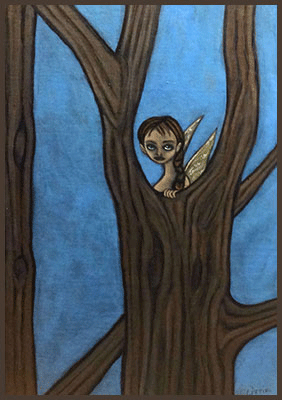 Painting by Lizzie of a fairy in a tree.