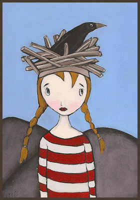 Painting by Lizzie of a girl with a silly hat. The hat is a nest with a crow sitting in the nest.