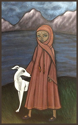 Painting by Lizzie of an girl with her white dog.