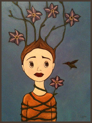 Acrylic Painting by Lizzie of a girl tangled with flowers