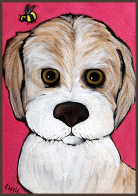 Acrylic Painting by Lizzie of a sweet dog and a bee