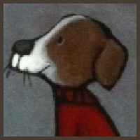 Painting by Lizzie magnet of a dog in red sweater.