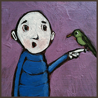 Painting by Lizzie magnet of a man holding a bird on his finger.