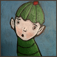 Painting by Lizzie magnet of an elf boy with his green hat.